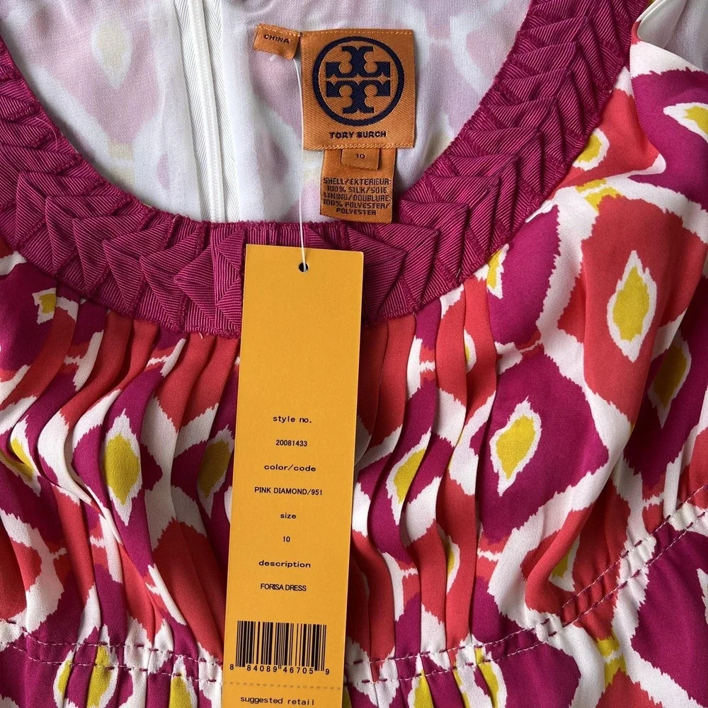 Tory Burch Dress Womens 10 Pink‎ Diamond 981 Fiora Sleeveless Pleated Ikat Lined